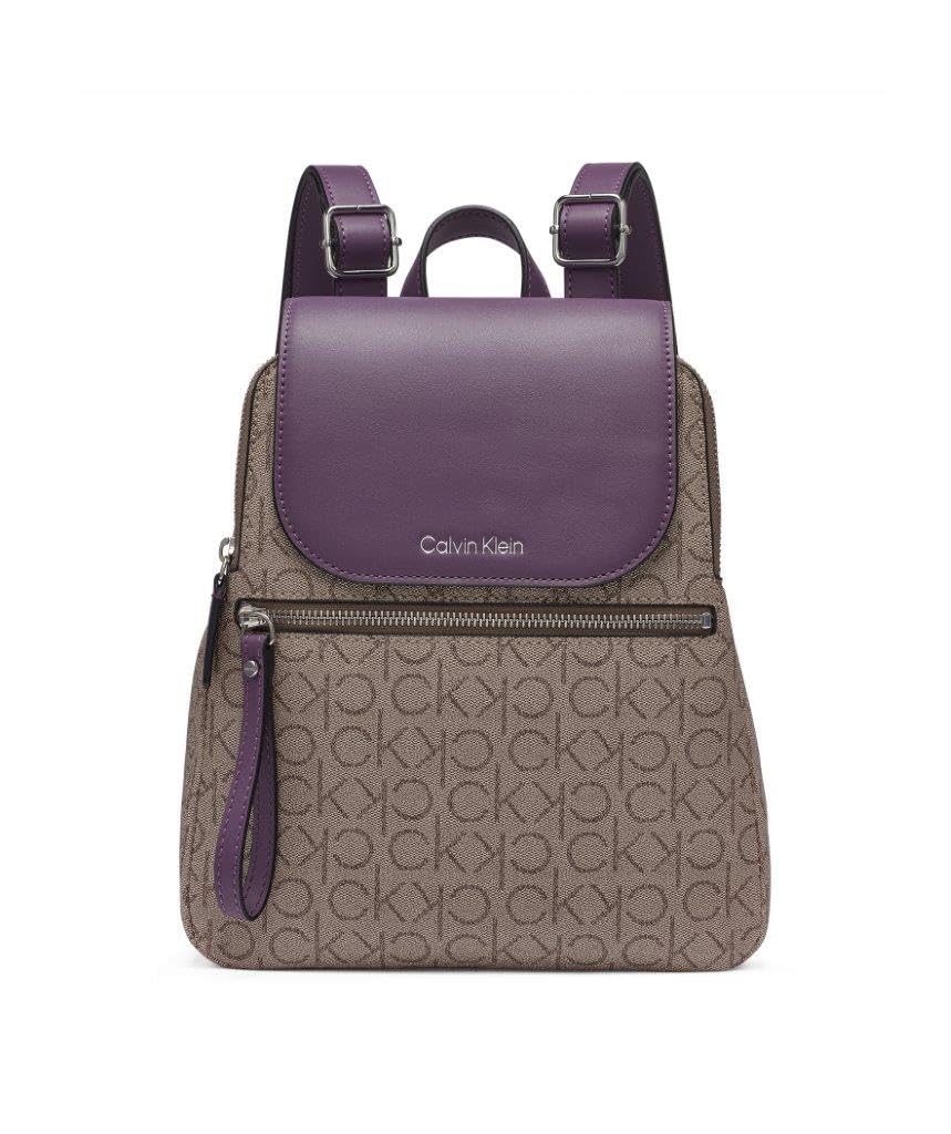 Calvin Klein Women’s Elaine Signature Key Item Flap Backpack, Almond/Taupe/Winter Plum, One Size