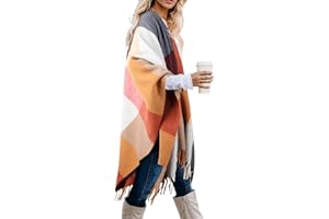 LittleMax Women's Shawl Wraps Fall Clothes Open Front Boho Tessel Cardigan Plaid Knitted Sweater