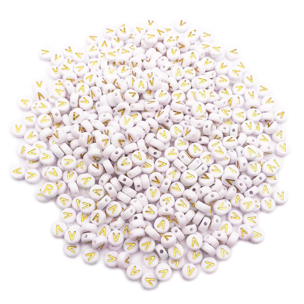 500PCS 4x7mm Acrylic Letter Beads V for Friendship Bracelets Jewelry Making, White Flat Round Acrylic with Golden Alphabet Beads for DIY Crafts Bracelets Necklaces Key Chains Phone Lanyard