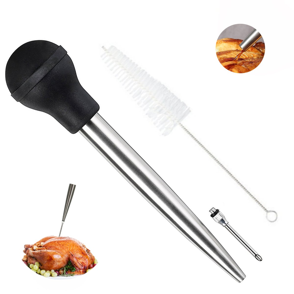 Deluxe 304 Stainless Steel Turkey Baster Syringe Injector Needle With Cleaning Brush- black