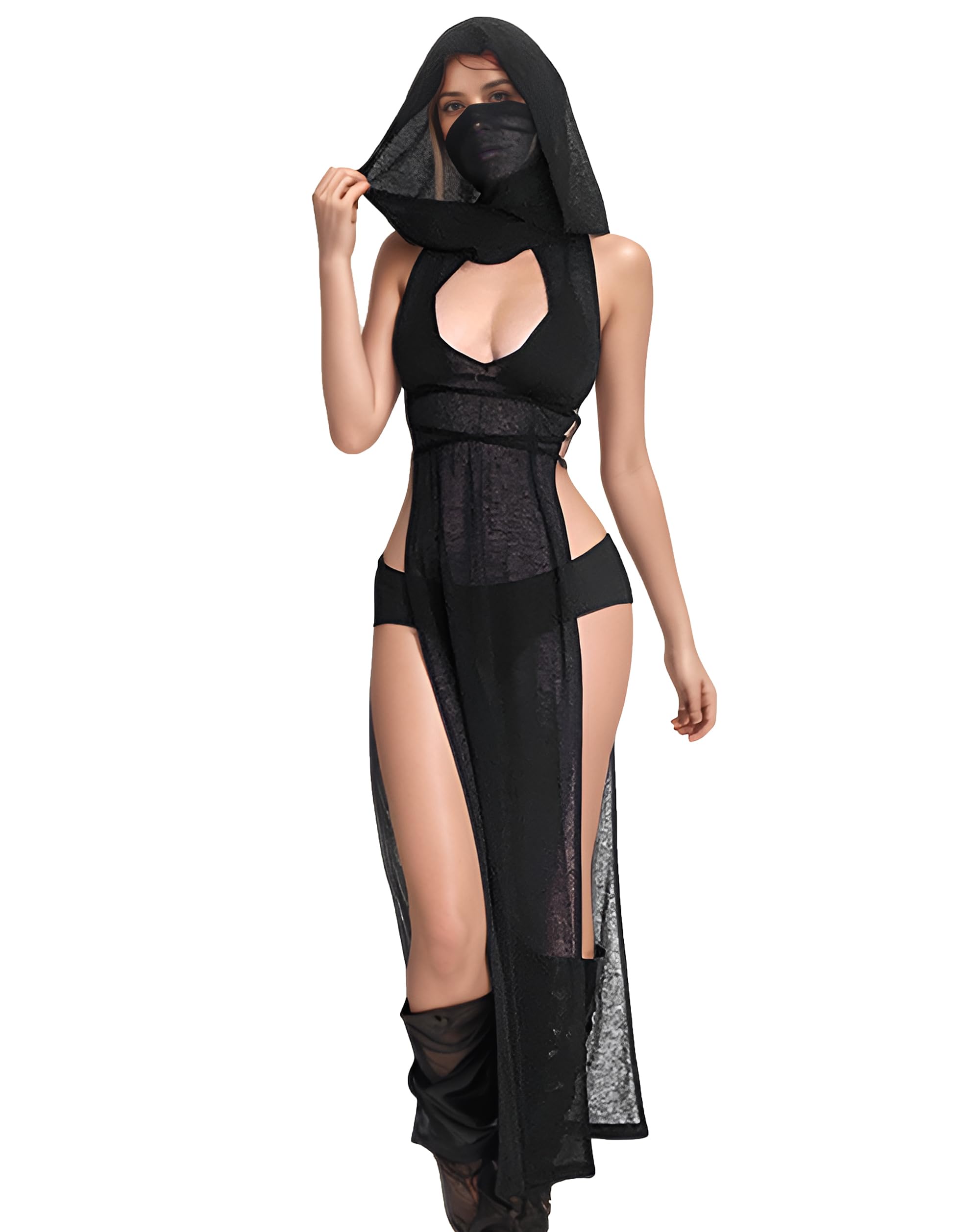 Photo 1 of Mingnos Women Goth Dress Cutout High Slit Sheer Punk Festival Sexy Halloween Costume Rave Outfits Black L