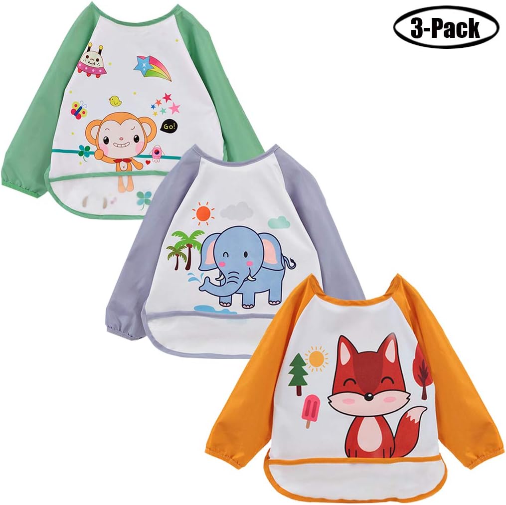 3 Pcs Long Sleeved Bibs Waterproof Eating and Painting Smock with Pocket,for 6-24 Months Toddler