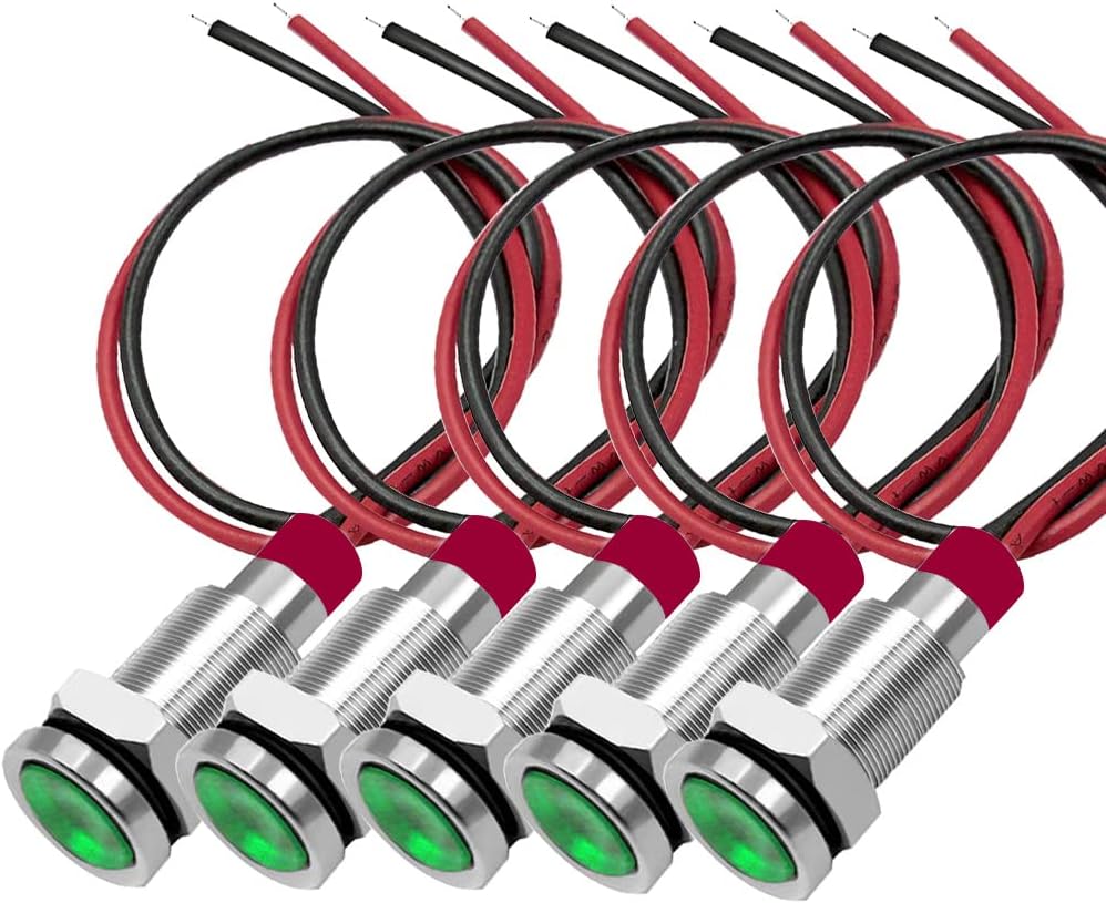 Gebeldet 5pcs 10mm Green LED Metal Indicator Light Waterproof Signal Lamp 3V-9V