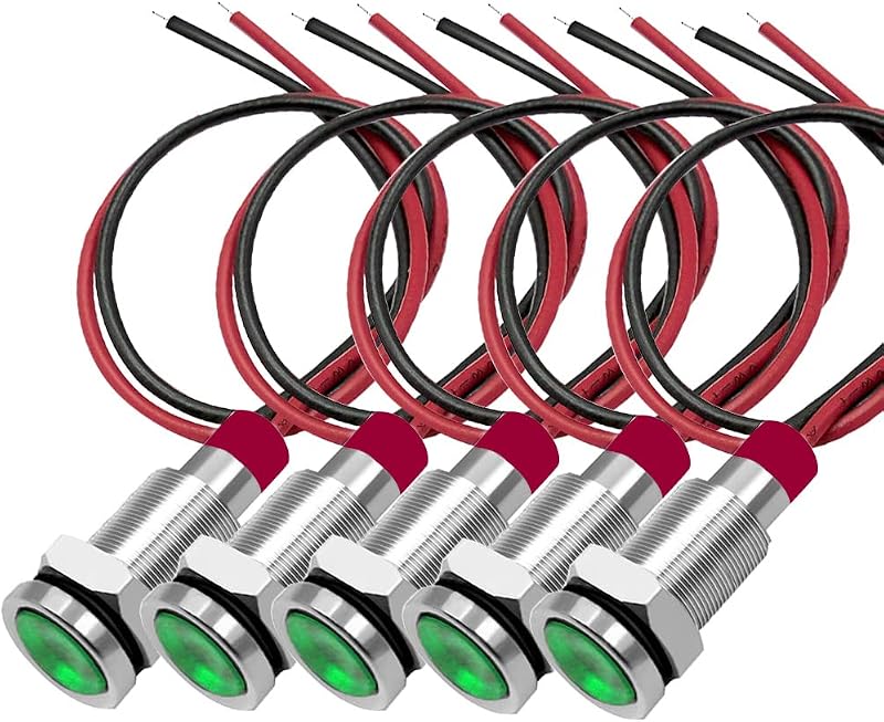 Gebeldet 5pcs 10mm Green LED Metal Indicator Light Waterproof Signal Lamp 3V-9V