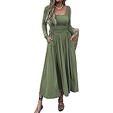 Mieazom Women’s Long Sleeve Square Neck Maxi Dress Adjustable Waist Tie Casual Flowy A-Line Pleated Dresses with Pockets