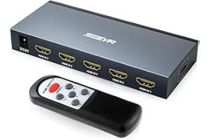 HDMI Switch SGEYR 5x1 HDMI Switcher 5 in 1 Out Multiple HDMI HUB 5 Port Box with IR Remote Control HDMI 1.4 HDCP 1.4 Support 4K@30Hz Ultra HD 3D 2160P 1080P(Grey)