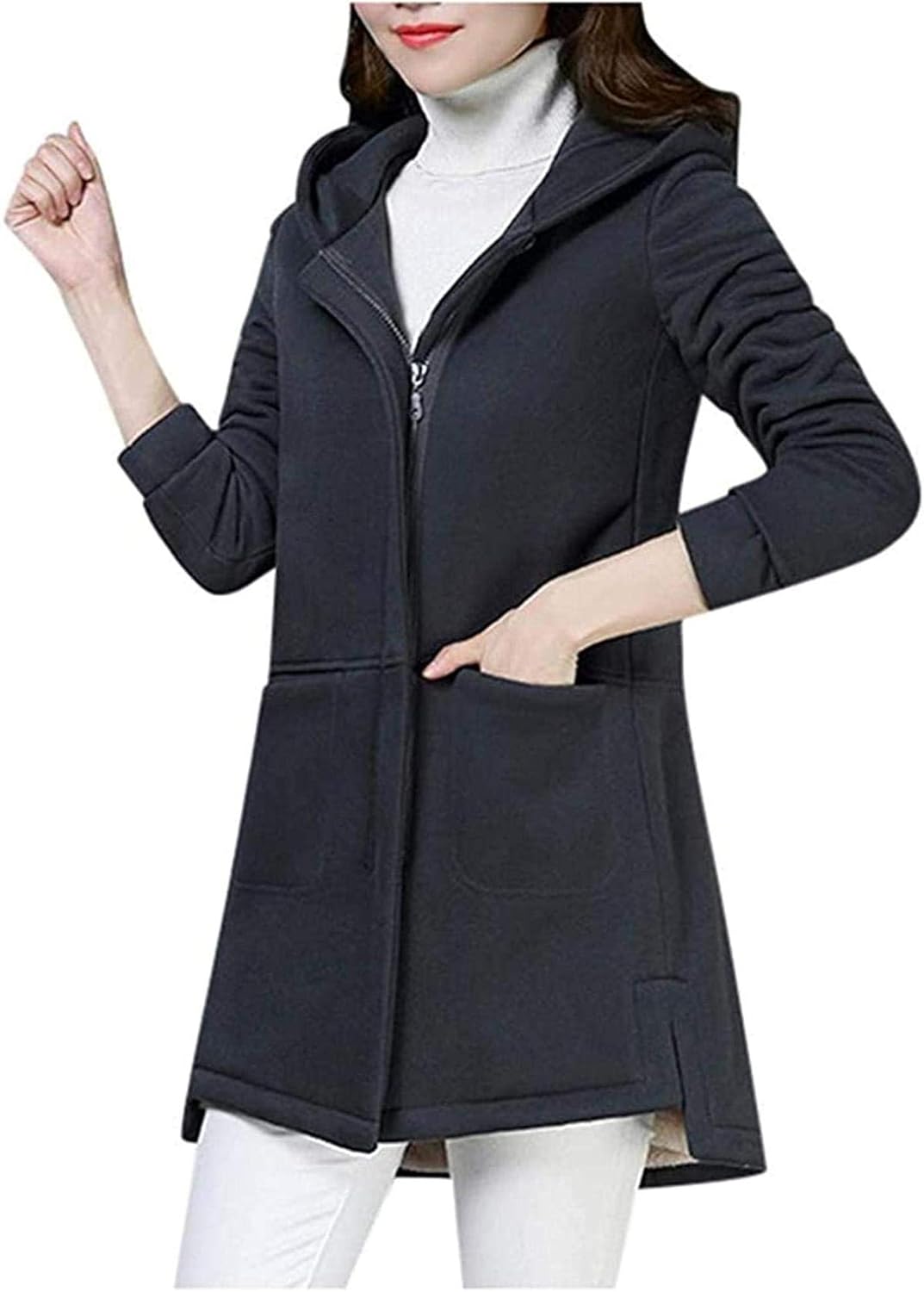 Coat Tunic for Womens Lapel Cashmere Wool Blend Trench Long Coat Hooded