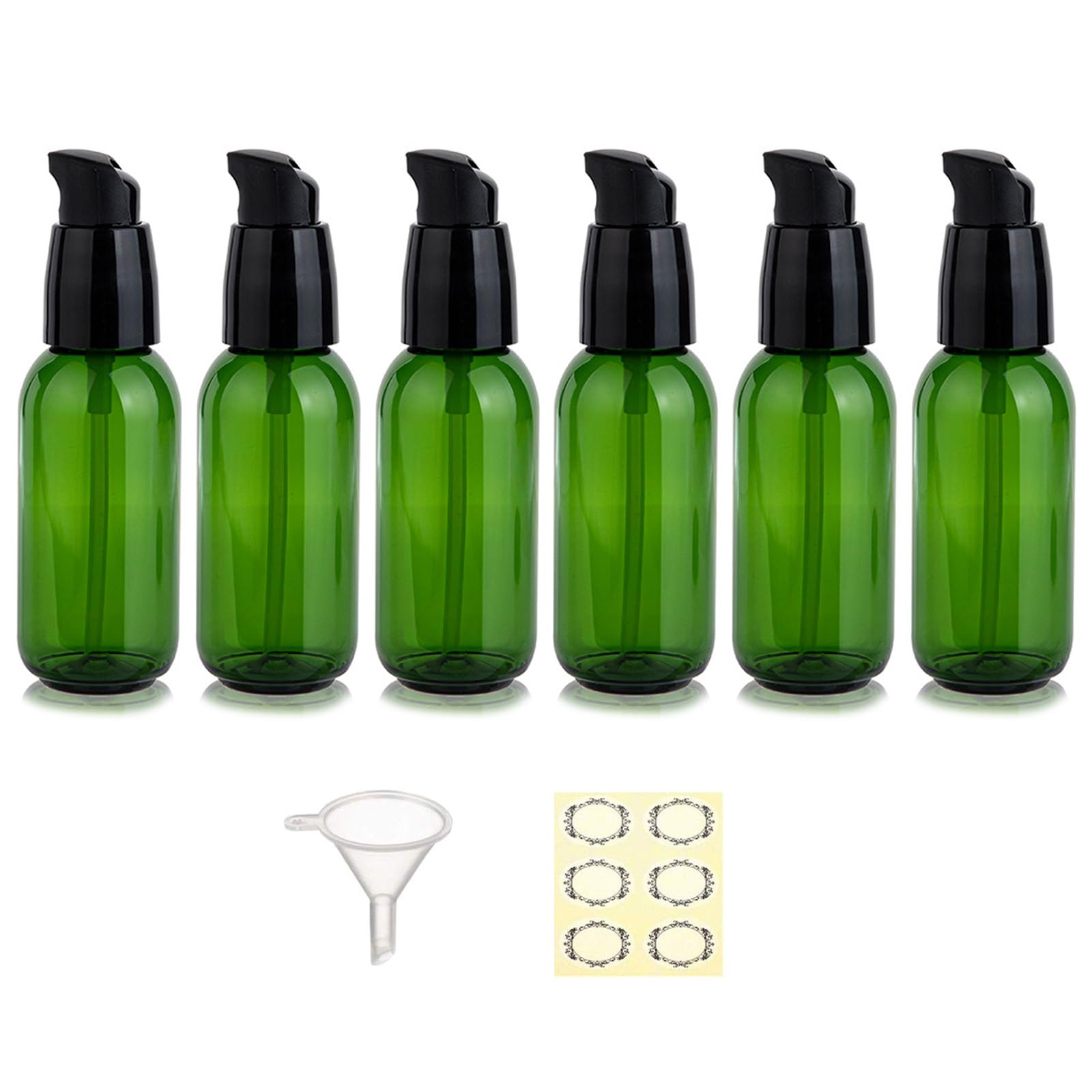 Apstaqeoo 6Pcs 50Ml Empty Lotion Pump Bottle Dispenser for Toiletries TSA Approved Pump Dispenser Leak-proof Plastic Travel Bottles Container with Label & Funnel for Cleaning Shampoo Cosmetic (Green)