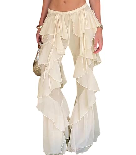 Women Ruffle Sheer Pants Tiered Layered Strappy High Waist Flared