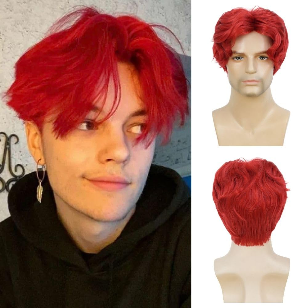 Siudus Red Short Wigs for Men Cosplay Middle Part Synthetic Hair Wigs Heat Resistant Halloween Costumen Daily Male Guy Wig