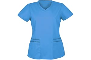 WKISHENL Women's V Neck Medical Scrub Tops Short Sleeve Working Uniform Solid Color Nurse Tops Cute Health Clinic Clothing