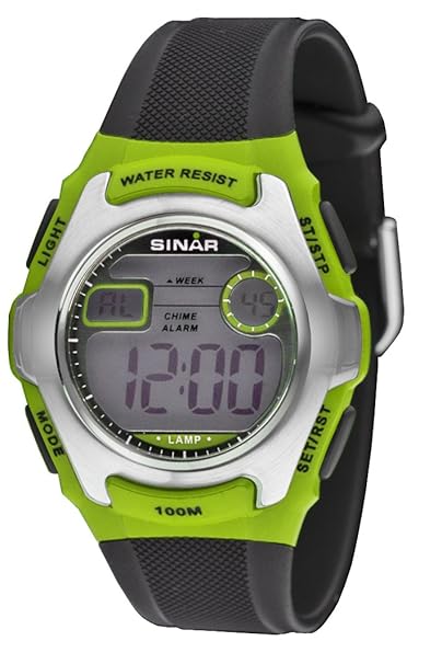 SINAR Jugenduhr Sportuhr Outdoor digital Quarz schwarz grün Silber 10 bar wasserdicht Licht XE-50-3