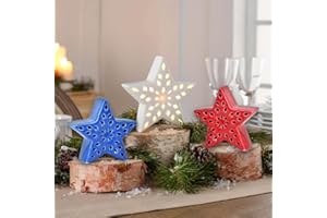 FREEDOM FARMS Ceramic LED Red, White, Blue Stars Tabletop Decor Set, Battery Powered On/Off Switch, Freedom Independence Day Fourth of July Memorial Day Home Decorating
