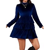 EHSUYAB Women Long Sleeve Mini Velvet Dress, Mock Neck Tiered Ruffle Flowy Babydoll Dresses, Cocktail Party Christmas Outfits