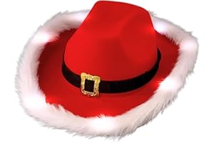 PIPING HOT ART WORKS Light Up Santa Cowboy Hat for Adults - Red Christmas Cowboy Hat with White LED Feather Trim - 3 Flashing Modes - 22" Plush