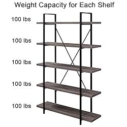HSH 5-Shelf Vintage Industrial Rustic Bookshelf, 5