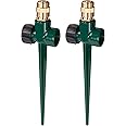 Hourleey 2 Pack Metal Lawn Sprinkler for Yard, Automatic Brass Garden Water Sprinklers on Spike Base, Adjustable 360 Degree Sprinkler Nozzle for Large Area Coverage Grass Patio Irrigation