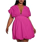 WDIRARA Women's Plus Size Deep V Neck Bubble Dress Short Sleeve A Line Mini Dresses