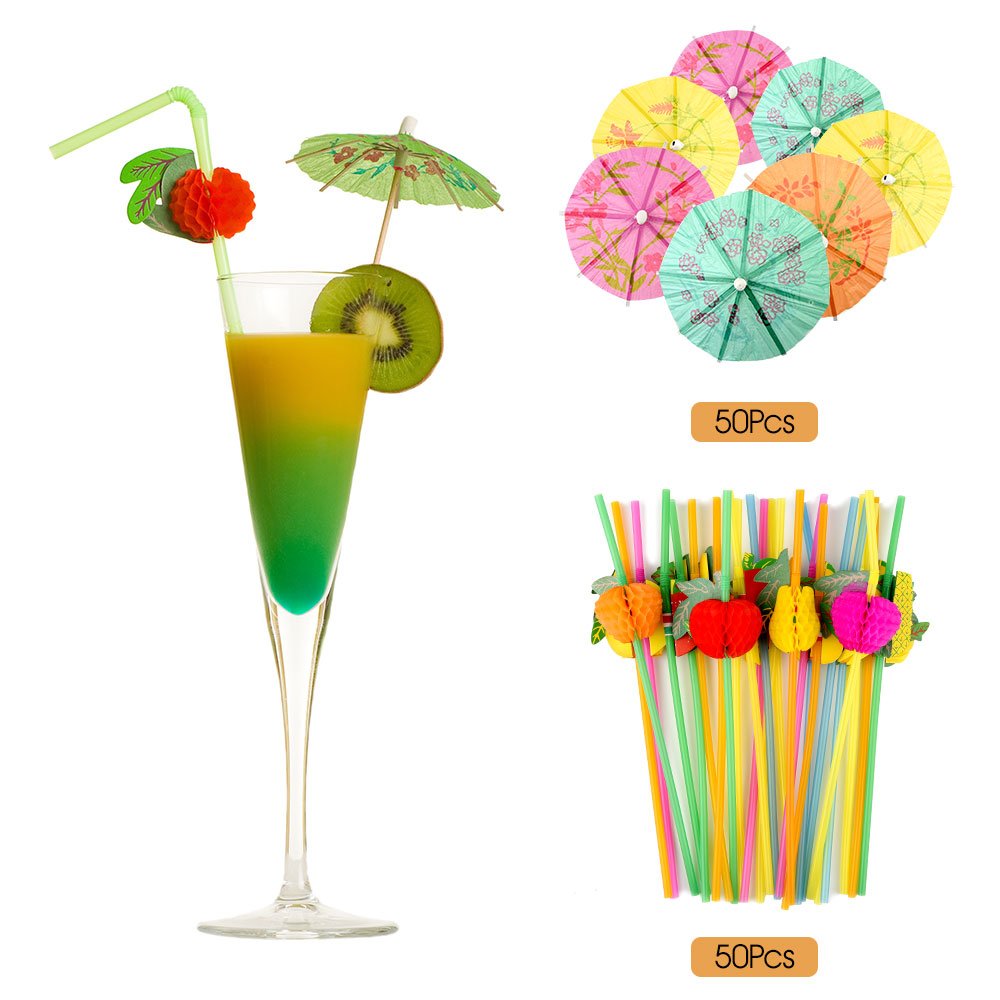 Fepito 184 Pcs Tropical Hawaiian Party Decorations Includes Tropical Palm Leaves Hibiscus Flowers Drink Umbrella Picks Colorful Fruit Straws And