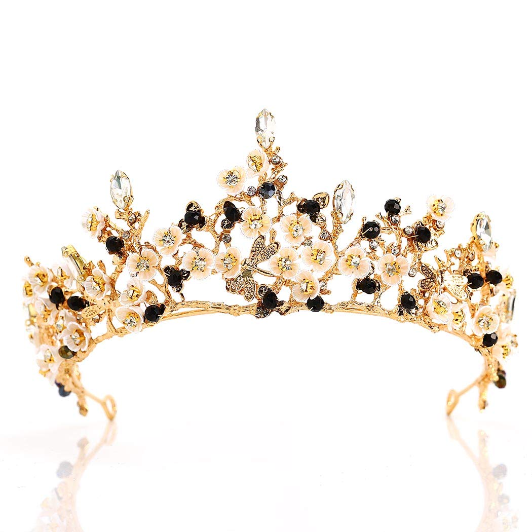 Asooll Gold Baroque Queen Crown Wedding Bride Cyrstal Crowns and Tiaras Handmade Dragonfly Headband for Women (Black Beads+flower)