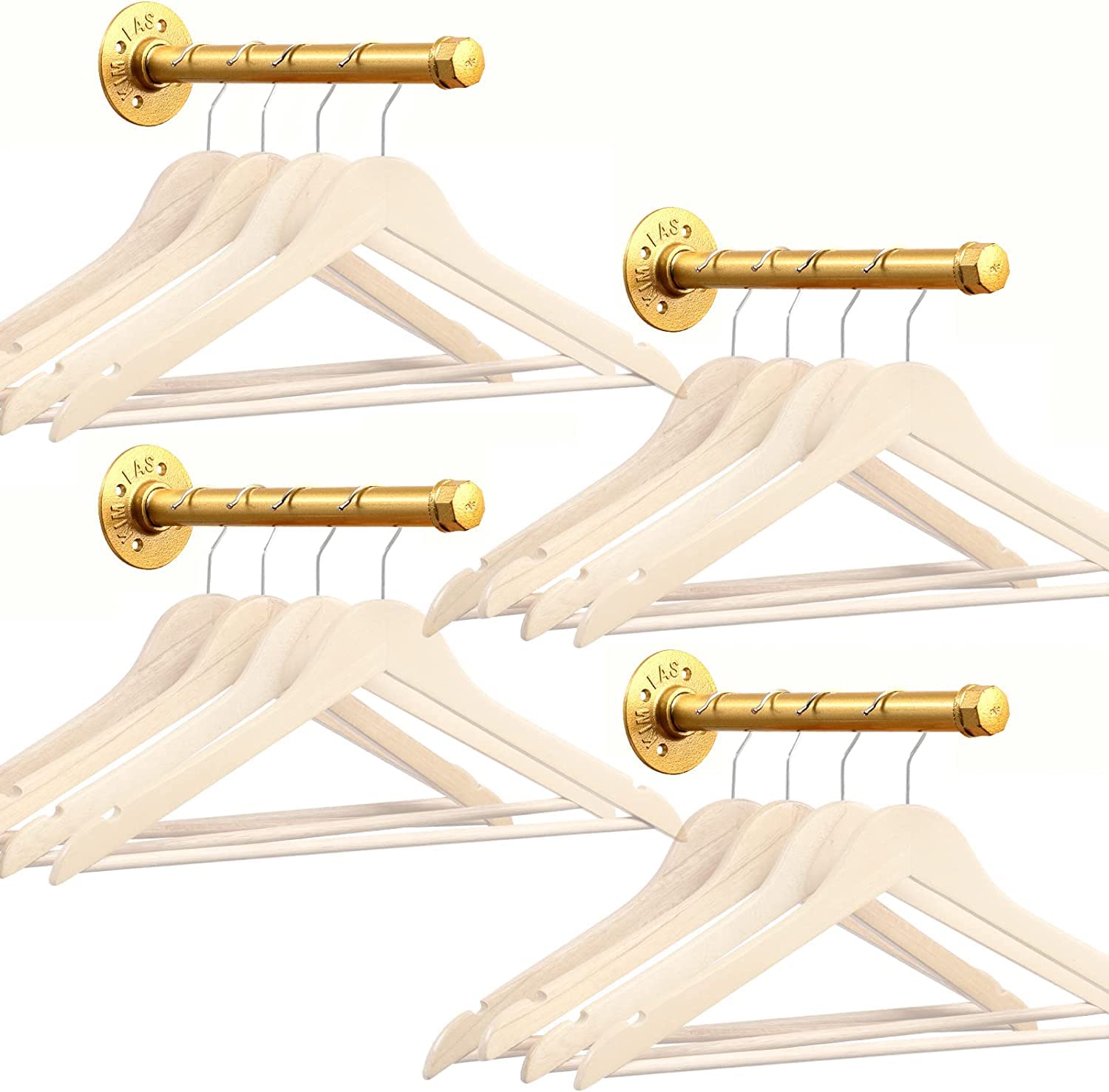 Photo 1 of Industrial Gold Pipe Shelf Brackets, 10 Inch Pipe Clothing Rack, 4 Pcs Heavy Duty Industrial Pipe Clothes Hanging Rod, Wall Mounted Garment Holder for Bedroom, Bathroom, Boutique, Clothing Store