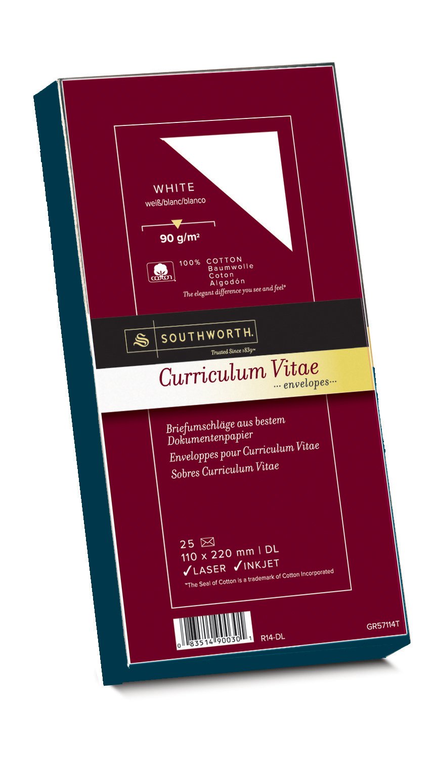 Southworth 90030 Envelopes 100% Cotton DIN Long White with Watermark 90 g/m² Pack of 25 in Box