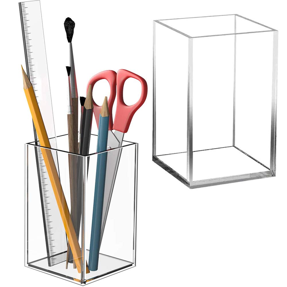 LWZko 2 Pieces Pencil Pen Holder, Makeup Brush Holder, acrylic holder, Square Pen Pot, Makeup Brush Organizer, Clear Acrylic Square Pen Holder for Lip Liners, Eye Liners, Makeup Pads (Transparent)