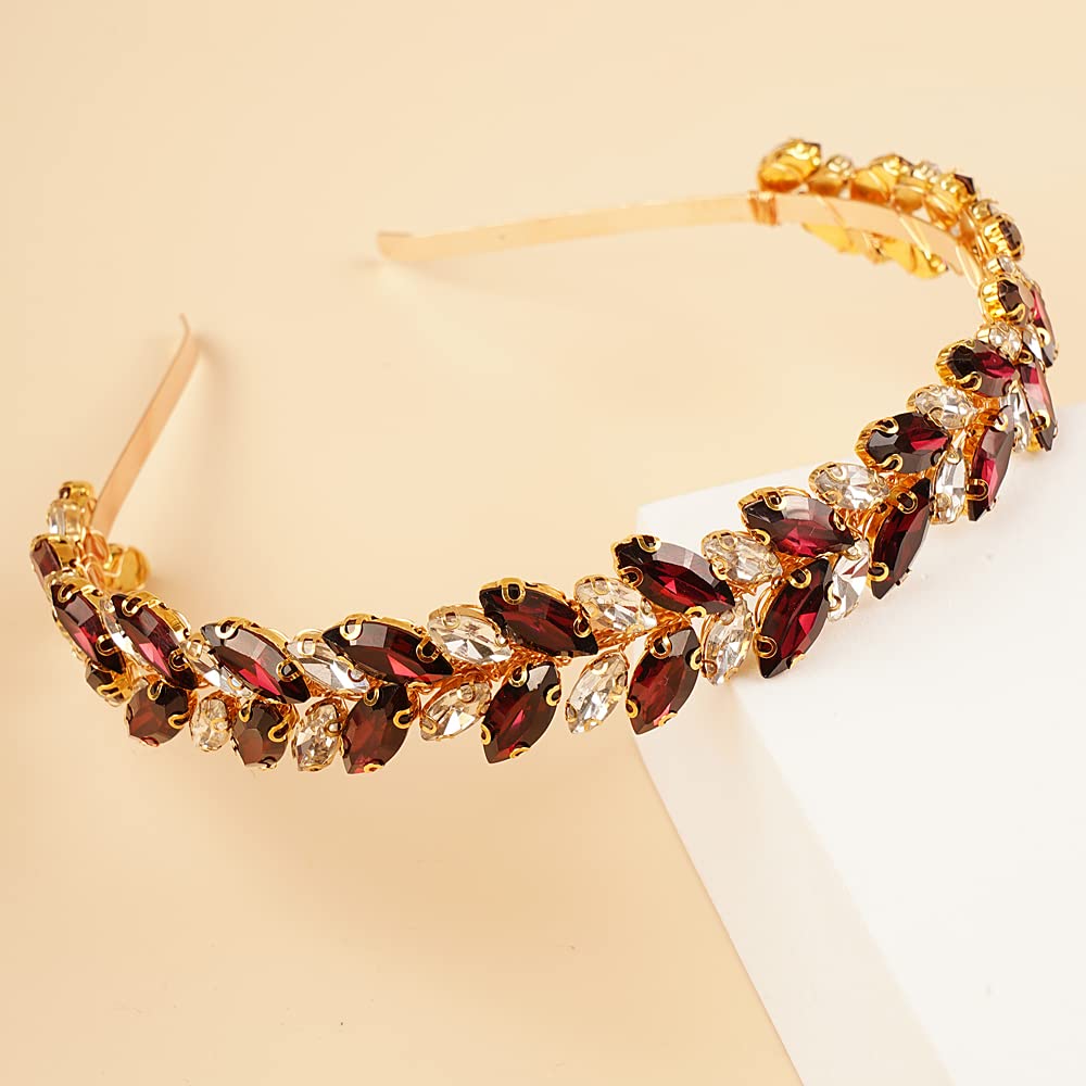 Kercisbeauty Boho Wedding Bridal Crystal Hair Tiara Wine Red Rhinestones Women Girls Gold Handmade Hair Piece
