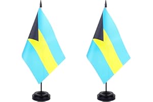 JBSJBS Bahamas Desk Flag 12" Solid Pole Deluxe Set Bahamian Flags Banner Mini Small Bahamas Office Table Flags with Black Stand Base Desktop Decorations(2Pack)