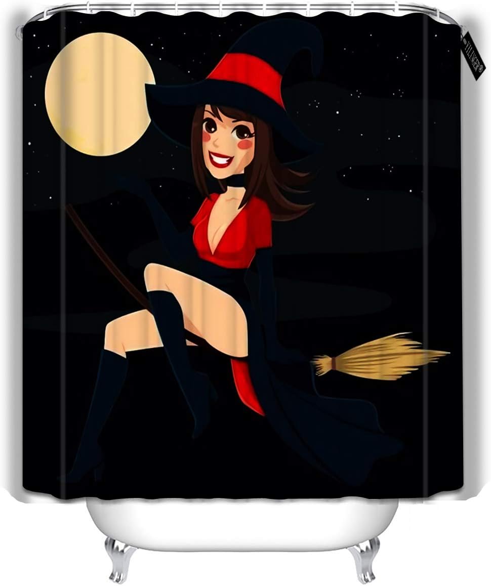 Bath Shower Curtain Sexy Witch Flying On Broom Over Full Moon