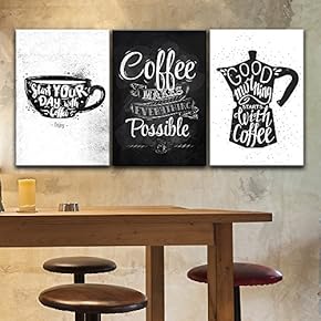 3 Panel Canvas Wall Art - Hand Drawn Coffee Art in Black and White - Giclee Print Gallery Wrap Modern Home Art Ready to Hang - 16"x24" x 3 Panels