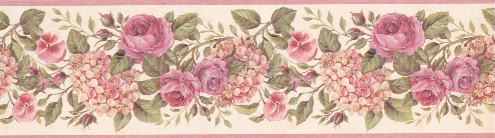 Concord Wallcoverings Classic Floral Wallpaper Border Roses and Hydrangea Flowers, Colors Pink Green Beige, Size 6.75 Inches by 15 Feet GU92102B