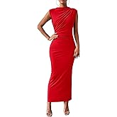BTFBM Women's Ruched Bodycon Dress Summer Casual Sleeveless Lightweight Back Slit Elegant Club Party Cocktail Maxi Dresses