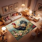 Beautiful Rooster Village Dining Room Rug, Bohemian Style Vintage Rooster Country Floral Carpet for Home Living Room Hallway Entry Kitchen Bathroom Durable Non-Slip Rugs 24x36inch
