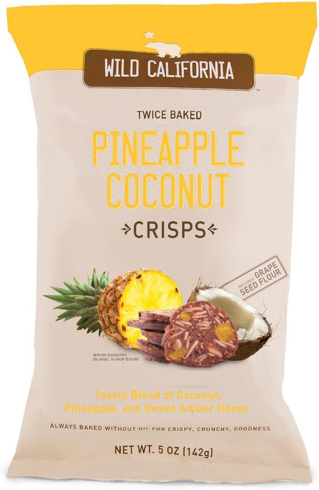 Twice Baked Crisps by Wild California Crisps, Pineapple Coconut Crisps - Twice Baked Without Oils and Made From Grape Seed Flour (5 Ounce Bags, Pack of 8)