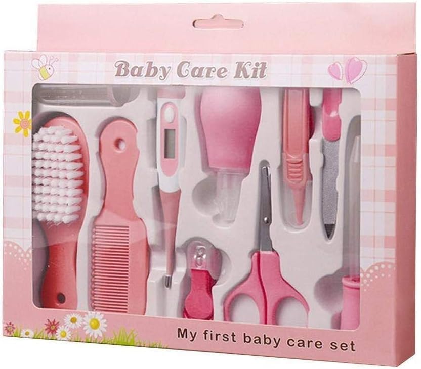 TEEROVA Baby Grooming Kit 10pcs Newborn Nursery Health care Set Baby Nail Clipper File Scissor Tweezer Thermometer Brush Comb (Pink)