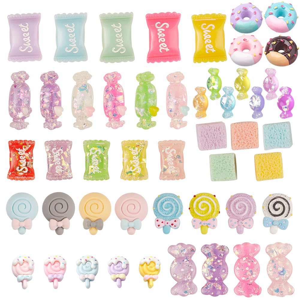 SUNNYCLUE 80PCS 10 Styles Candy Sweets Theme Resin Flatback Cabochons Cute Slime Beads Charms for DIY Phone Decor Scrapbooks Embellishments Hair Costume Accessories Ornaments