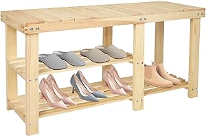 ACEHOME Shoe Rack Bench, 3 Tier Shoe Organizer for Entryway Storage, Small Wooden Shoe Shelf, Freestanding Shoe Racks, Shoe Stand, Natural