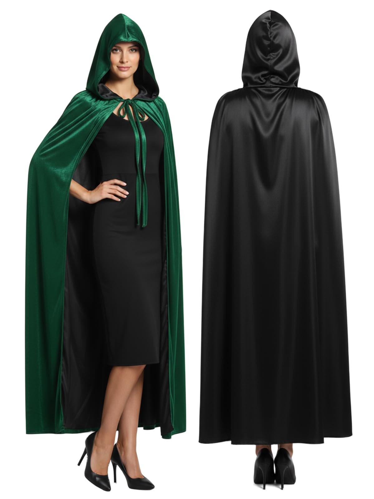 Hotfiary Reversible Black & Green Cape for Adult, Double Sided Velvet & Satin Hooded Cloak, Halloween Witch Vampire Costume Christmas Fancy Dress Role Play (105/130/150/158cm)
