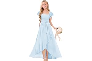 wyxis Short Sleeves Junior Bridesmaid Dresses for Teen Girls Chiffon Flower Girl Dress for Wedding Party Pageant Gowns
