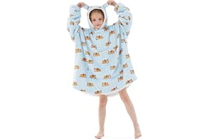 Homemate Wearable Blanket Hoodie for Kids - Sherpa Patterns Oversized hooded blanket kids With Pocket Girl Boy Gifts for Birthday Chirstmas Cute Blue Corgi