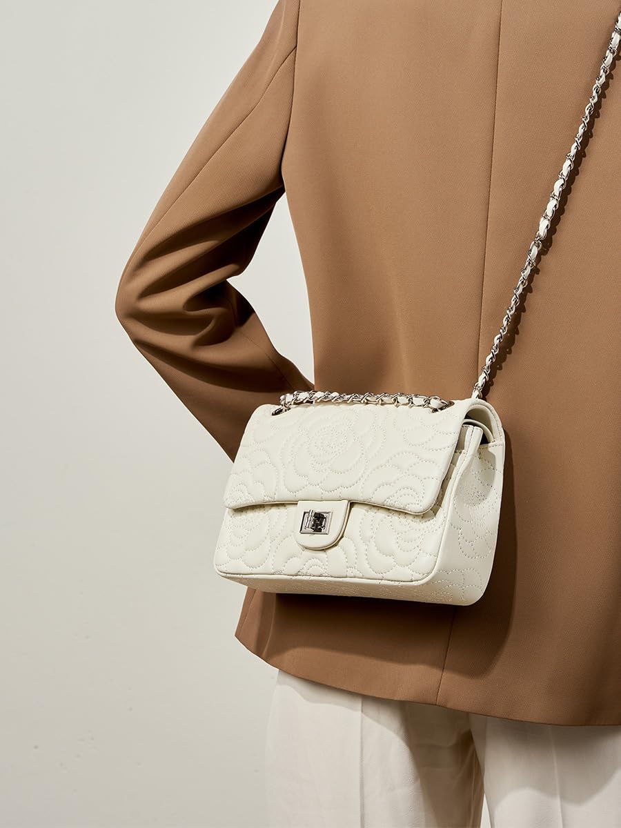 Genuine Leather Women Bag Camellia Shoulder Bag Chain Sheep Leather Handbag, beige