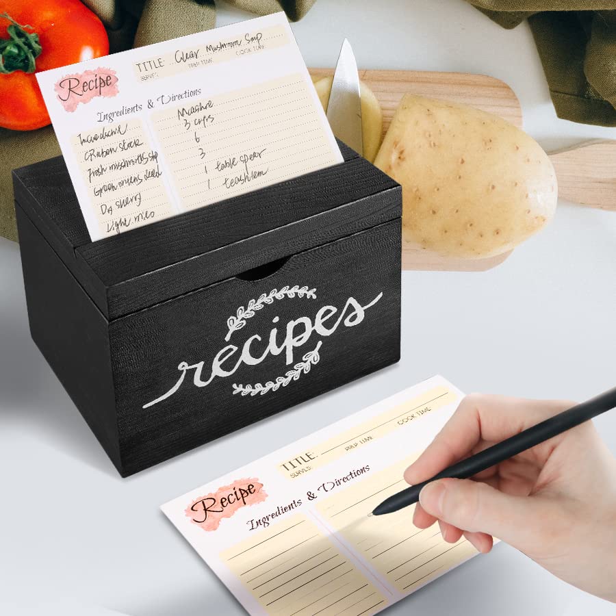 Recipe Cards and Box Set, Wood Recipe Card Box, Farmhouse Recipe Organizer for Kitchen Counter
