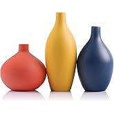 Ceramic Vase Set of 3, Minimalist Yellow, Orange, Blue Vases - Modern Farmhouse, Living Room, Shelf and Entryway Decor