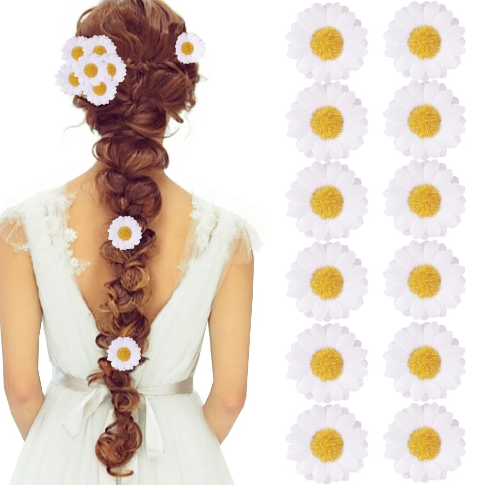 Photo 1 of 12pcs Womens Multi-colored Sweet Daisy Hair Clips Mini Sun Flower Hairpins Hair Accessory for Bridesmaid Wedding Photography (White)