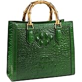 Crocodile Pattern Leather Women's Bag Bamboo Top-Handle Satchel Handbags Portable Tote Bag Shoulder Messenger Bags (Green)