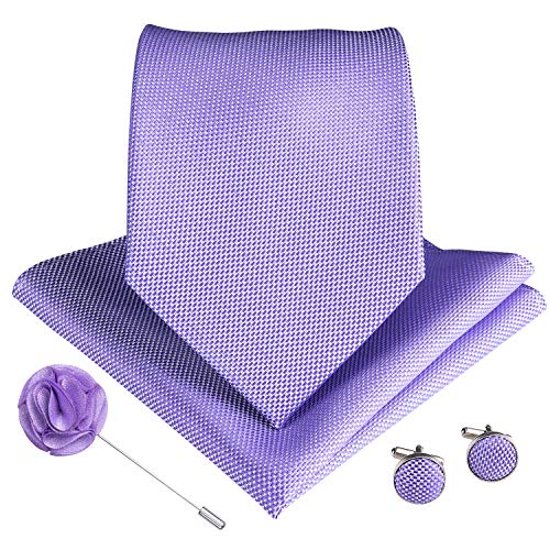 DiBanGu Men's Solid Tie and Pocket Square Lapel Pin Woven Necktie Cufflink Set (Lavender)