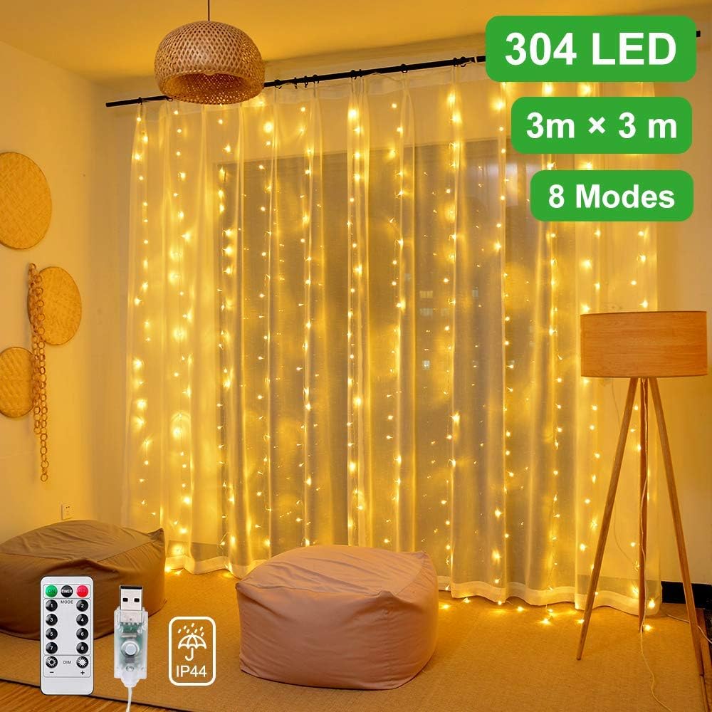 Ollny Curtain Lights Indoor, 300 LED 3m x 3m Fairy Lights USB Powered Waterfall Lights