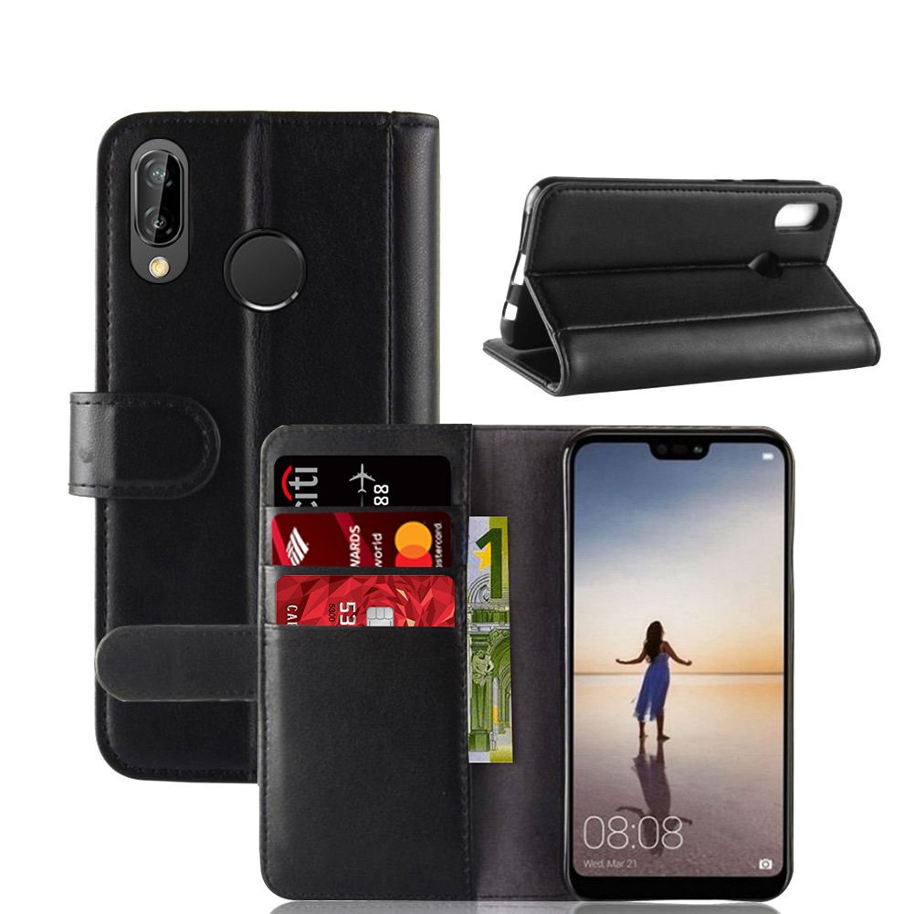 AROC Huawei P20 Lite Schutzhülle, Extrem dünnes Echtleder mit Flipfunktion, Magnetverschluß, Platz für Ausweis und Kreditkarte Etc, klappbar für Standfunktion (Schwarz)