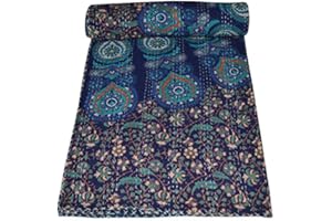 V Vedant Designs Blue Peacock Mandala Tapestry Throw Blanket Queen Bedspread Indian Kantha Embroidered Quilt 80x90 Inch, Blue